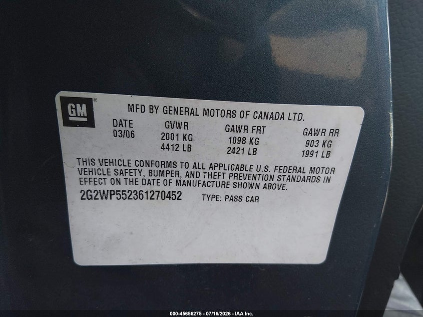 2006 Pontiac Grand prix VIN 2G2WP552361270452 IAAI salvage auction — NORMAL WEAR, Salvage Title - Dealer (California), sold $150 on 2026-07-27 (photo 9)