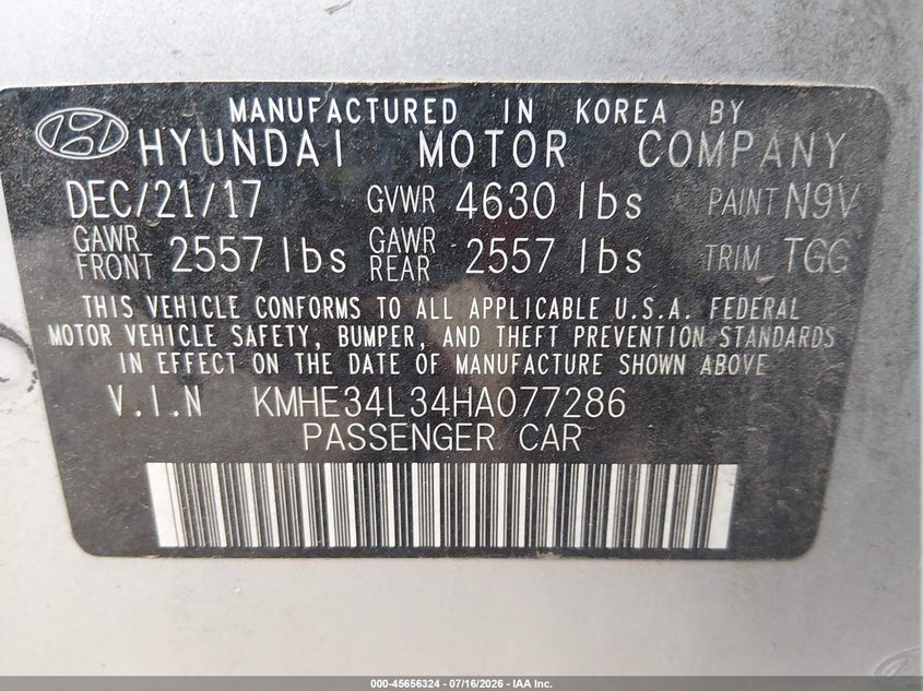 2017 Hyundai Sonata hybrid VIN KMHE34L34HA077286 IAAI salvage auction — NORMAL WEAR, Clear-Dealer Only (Arizona), sold $25 on 2026-07-28 (photo 9)