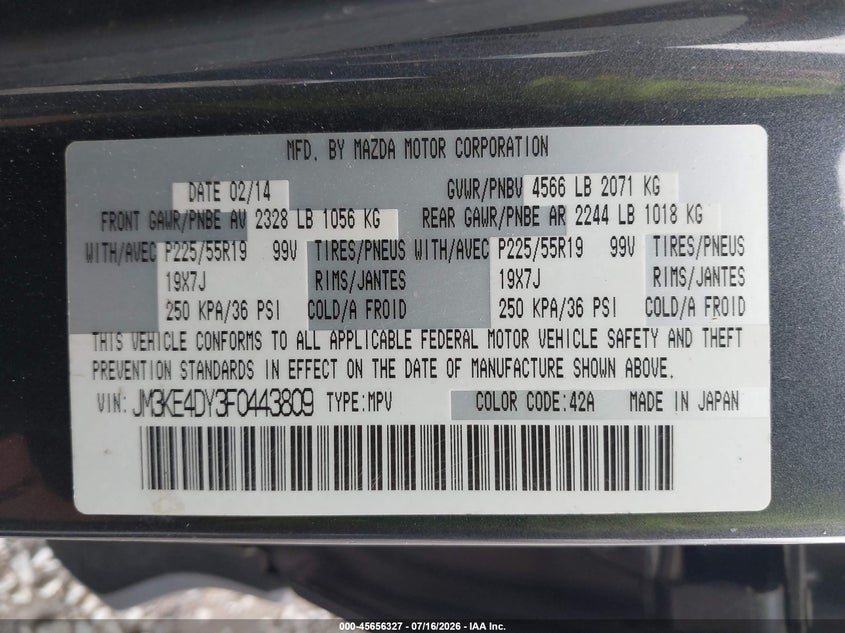 2015 Mazda Cx-5 VIN JM3KE4DY3F0443809 IAAI salvage auction — RIGHT FRONT, Wait Title, sold $1,950 on 2026-08-02 (photo 9)