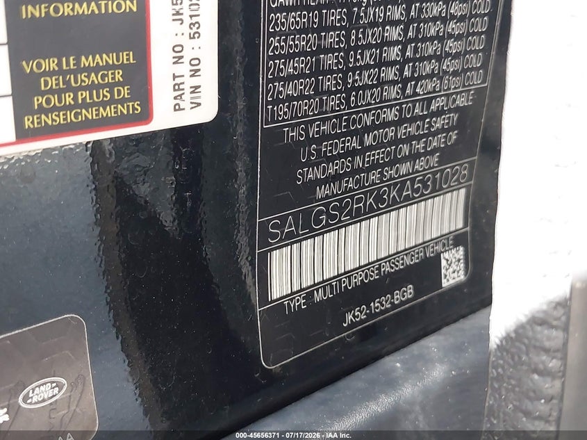 2019 Land rover RANGE ROVER VIN SALGS2RK3KA531028 IAAI salvage auction — FRONT & REAR, Nrc Lienholder Repossession Paperwork (California), sold $125 on 2026-07-28 (photo 9)
