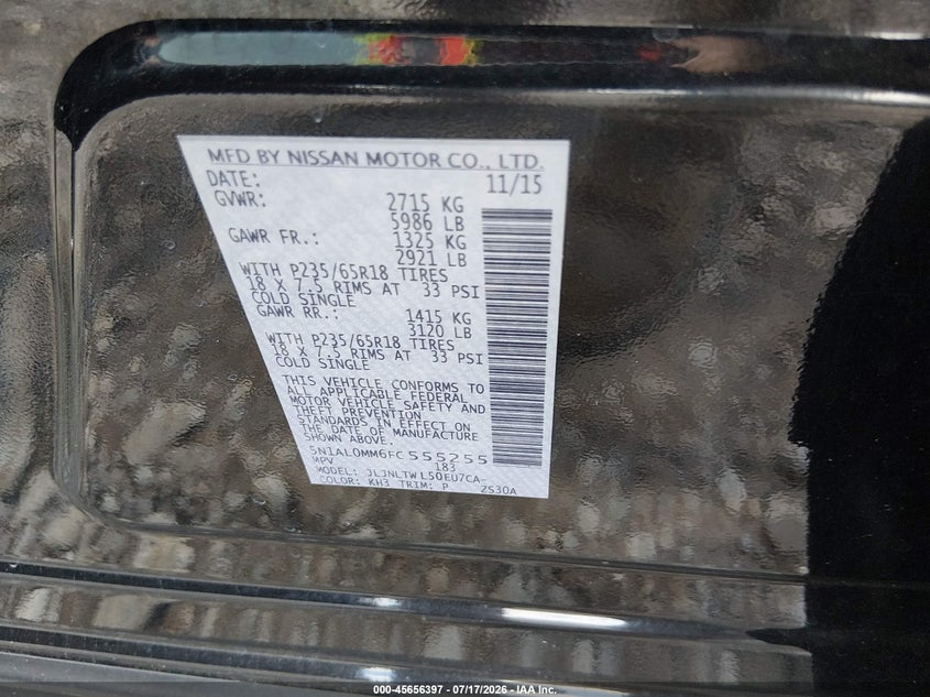 2015 Infiniti Qx60 VIN 5N1AL0MM6FC555255 IAAI salvage auction — FRONT END, Salvage Title, sold $25 on 2026-09-25 (photo 9)