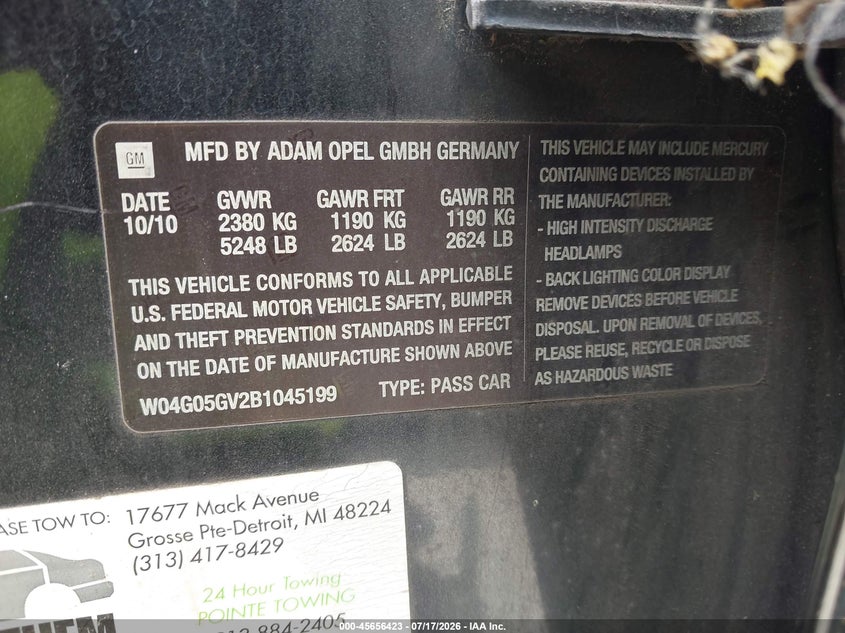 2011 Buick Regal VIN W04G05GV2B1045199 IAAI salvage auction — NORMAL WEAR, Original (Texas), sold $225 on 2026-07-28 (photo 9)