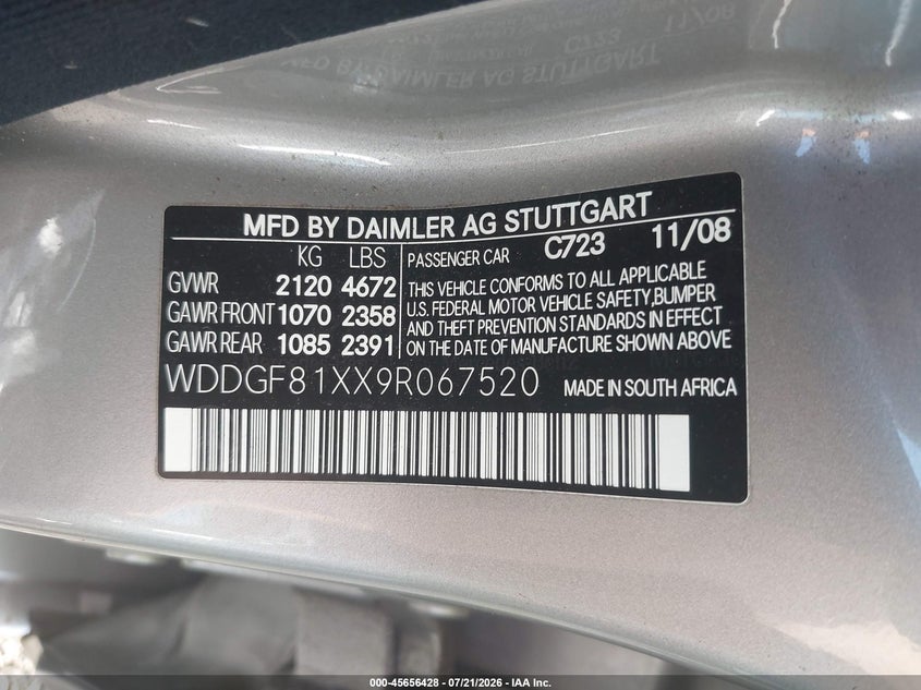 2009 Mercedes-benz C class VIN WDDGF81XX9R067520 IAAI salvage auction — FRONT END, Clear (Virginia), sold $600 on 2026-07-28 (photo 9)