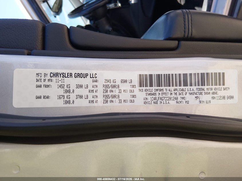 2012 Jeep Grand cherokee VIN 1C4RJFAG7CC201240 IAAI salvage auction — UNKNOWN, Clear-Dealer Only (Wisconsin), sold $1,800 on 2026-07-22 (photo 9)