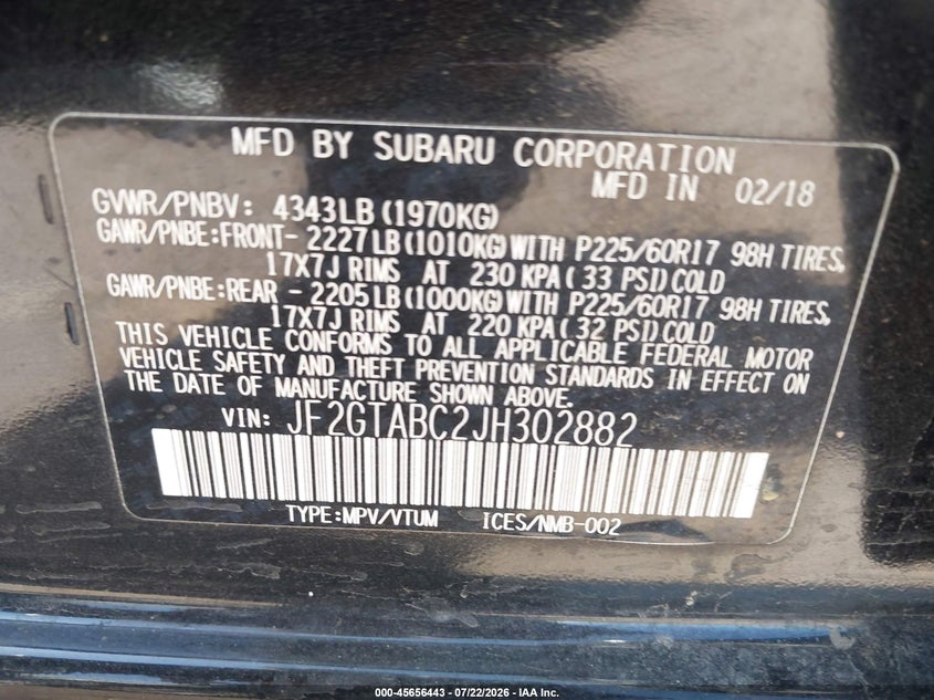 2018 Subaru Xv VIN JF2GTABC2JH302882 IAAI salvage auction — FRONT END, Salvage (Colorado), sold $2,650 on 2026-09-05 (photo 9)