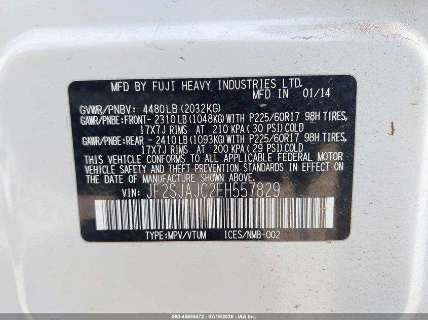 2014 Subaru Forester VIN JF2SJAJC2EH557829 IAAI salvage auction — NORMAL WEAR, Clear - Dealer Only (California), sold $875 on 2026-07-30 (photo 9)