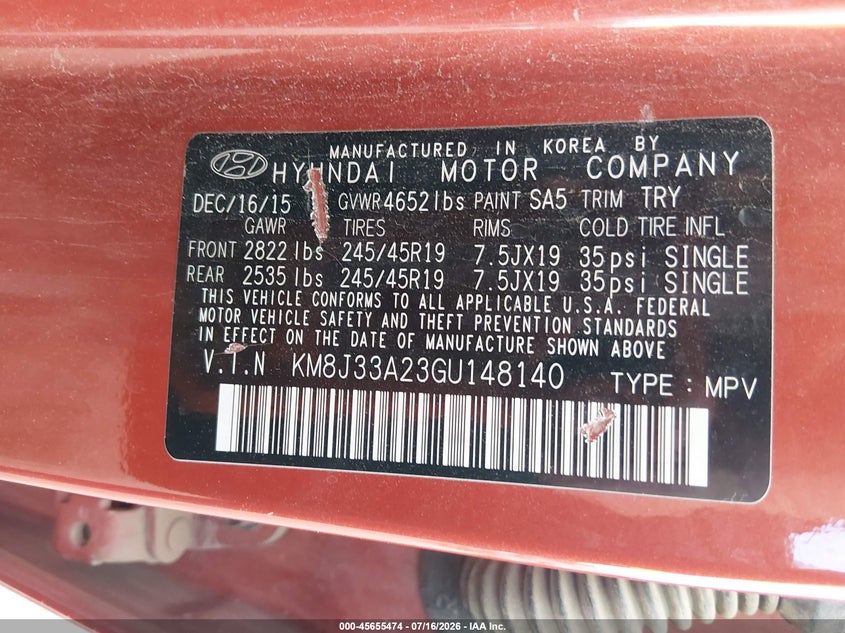 2016 Hyundai Tucson VIN KM8J33A23GU148140 IAAI salvage auction — NORMAL WEAR, Clear-Dealer Only (Arizona), sold $25 on 2026-07-21 (photo 9)