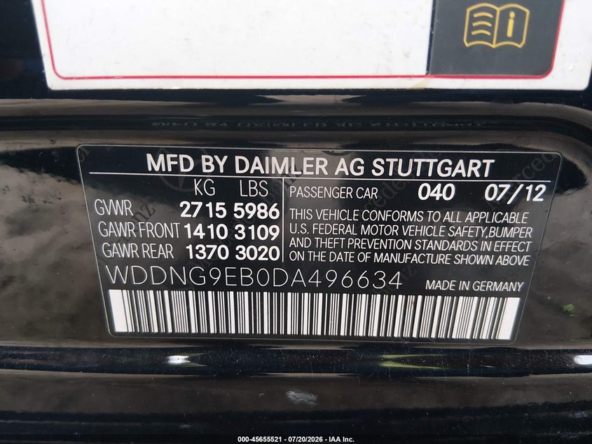 2013 Mercedes-benz S-klasse VIN WDDNG9EB0DA496634 IAAI salvage auction — NORMAL WEAR, Clear-Dealer Only (West Virginia), sold $550 on 2026-07-30 (photo 9)