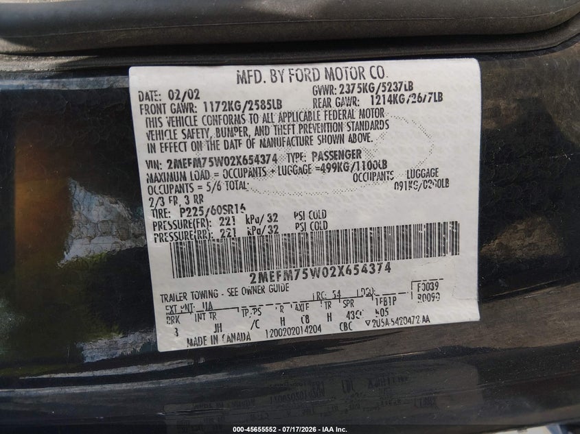 2002 Mercury Grand marquis VIN 2MEFM75W02X654374 IAAI salvage auction — NORMAL WEAR, Clear (Illinois), sold $325 on 2026-07-22 (photo 9)