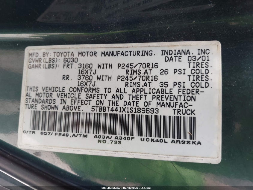 2001 Toyota Tundra VIN 5TBBT441X1S189693 IAAI salvage auction — NORMAL WEAR, Original (Texas), sold $1,625 on 2026-07-28 (photo 9)