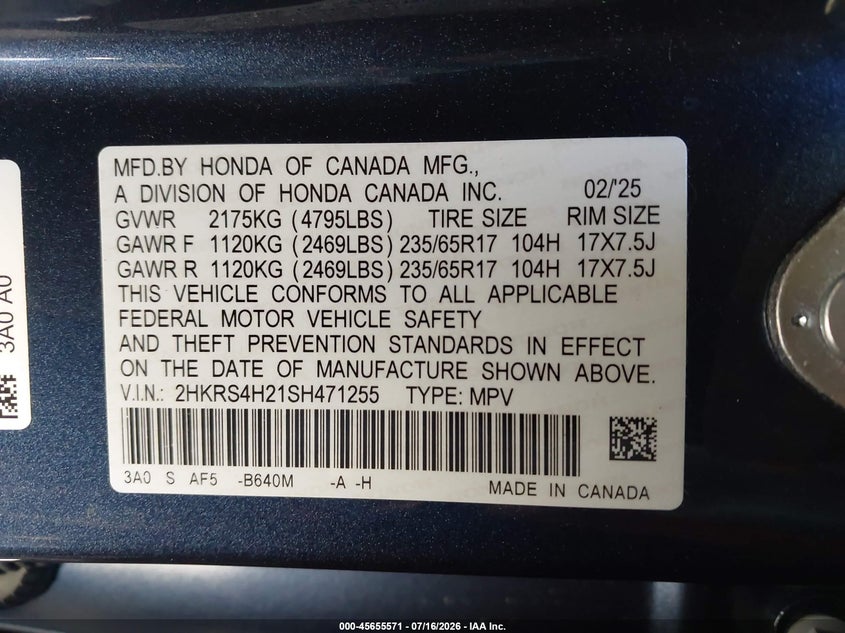 2025 Honda Cr-v VIN 2HKRS4H21SH471255 IAAI salvage auction — FRONT END, Salvage (California), sold $16,100 on 2026-07-29 (photo 9)