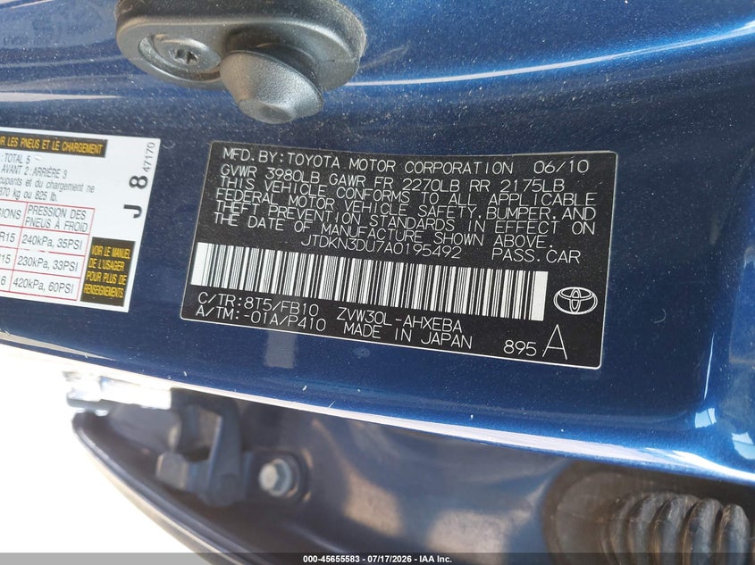 2010 Toyota Prius VIN JTDKN3DU7A0195492 IAAI salvage auction — REAR END, Salvage (California), sold $25 on 2026-07-29 (photo 9)