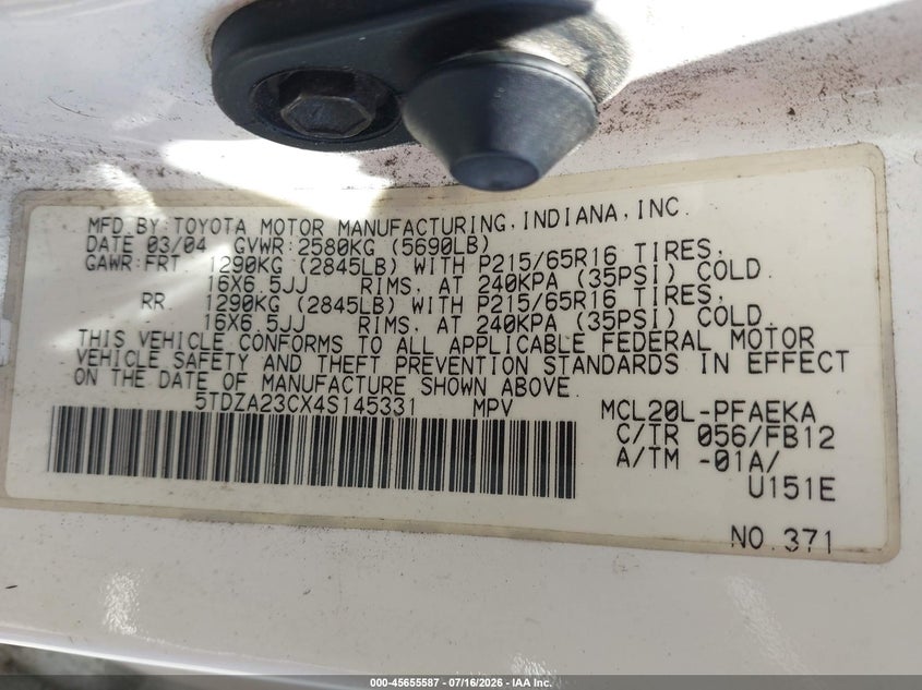 2004 Toyota Sienna VIN 5TDZA23CX4S145331 IAAI salvage auction — NORMAL WEAR, Clear - Dealer Only (California), sold $550 on 2026-07-30 (photo 9)