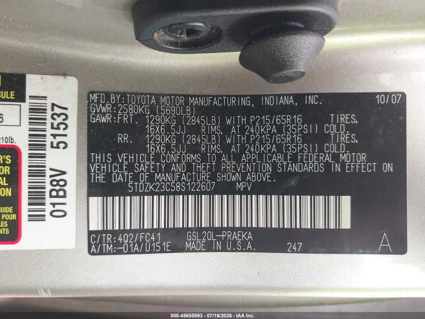 2008 Toyota Sienna VIN 5TDZK23C58S122607 IAAI salvage auction — NORMAL WEAR, Original (Texas), sold $900 on 2026-07-23 (photo 9)