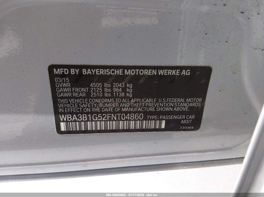 2015 BMW 3er VIN WBA3B1G52FNT04860 IAAI salvage auction — FRONT & REAR, Salvage (California), sold $1,150 on 2026-07-30 (photo 9)