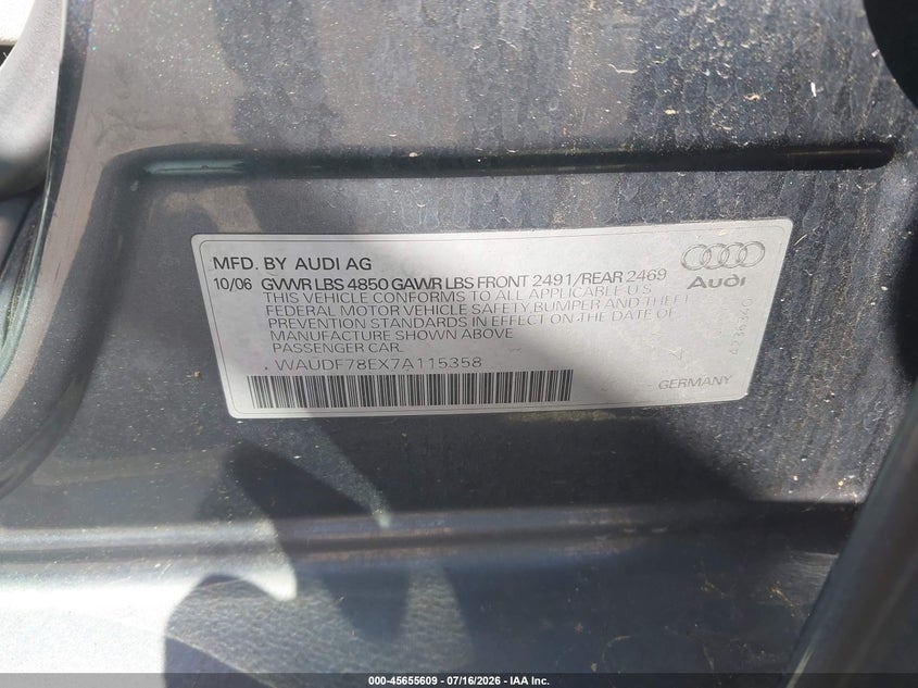 2007 Audi A4 VIN WAUDF78EX7A115358 IAAI salvage auction — NORMAL WEAR, Salvage Title - Dealer (California), sold $25 on 2026-07-29 (photo 9)
