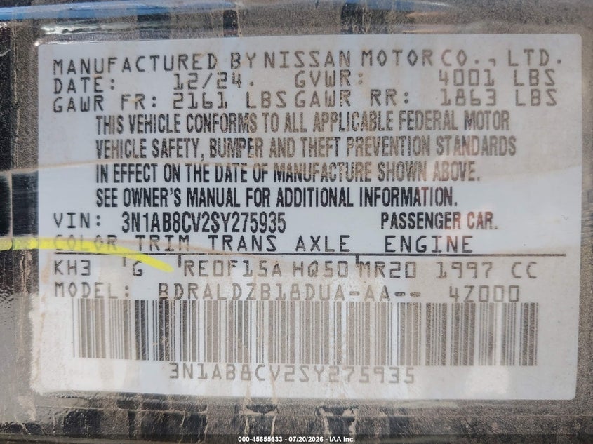 2025 Nissan Sentra VIN 3N1AB8CV2SY275935 IAAI salvage auction — FRONT END, Enterprise Vehicles Clear Only (California), sold $8,550 on 2026-07-23 (photo 9)