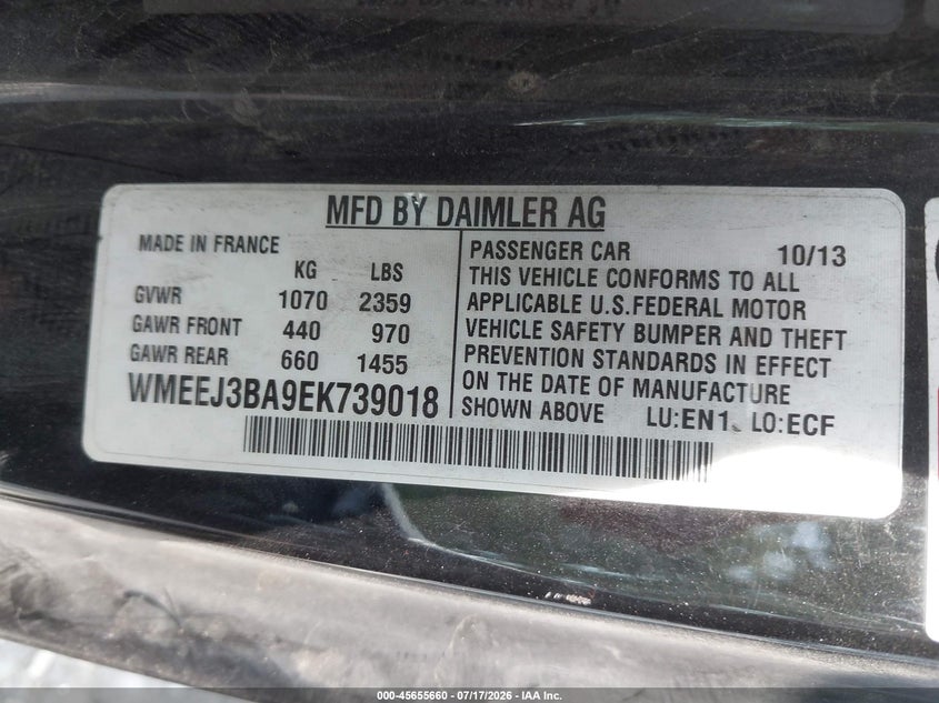 2014 Smart Fortwo VIN WMEEJ3BA9EK739018 IAAI salvage auction — NORMAL WEAR, Salvage Title, sold $275 on 2026-07-29 (photo 9)