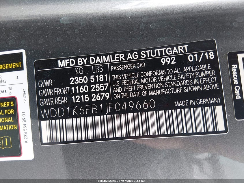 2018 Mercedes-benz E-klasse VIN WDD1K6FB1JF049660 IAAI salvage auction — FRONT END, Salvage (Nevada), sold $7,300 on 2026-08-06 (photo 9)