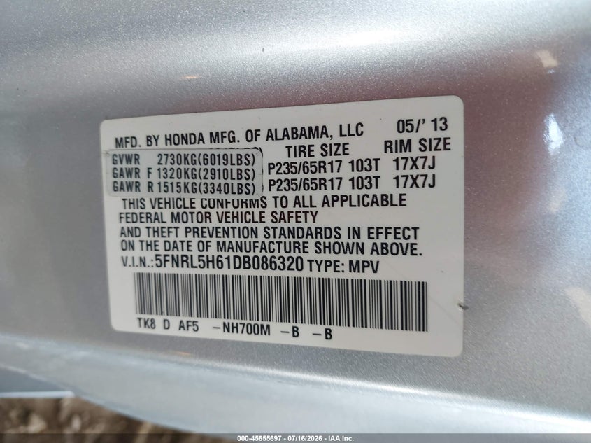 2013 Honda Odyssey VIN 5FNRL5H61DB086320 IAAI salvage auction — REAR END, Salvage Title, sold $1,600 on 2026-07-29 (photo 9)