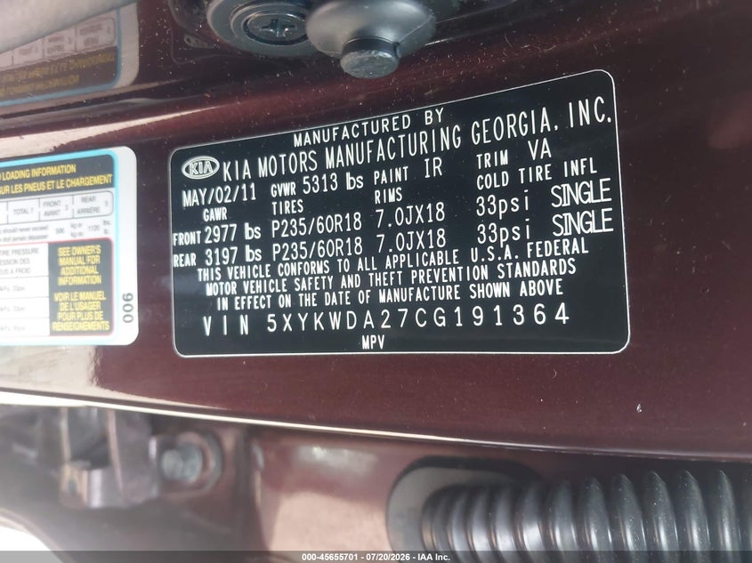 2012 Kia Sorento VIN 5XYKWDA27CG191364 IAAI salvage auction — FRONT END, Clear (Virginia), sold $2,150 on 2026-07-31 (photo 9)