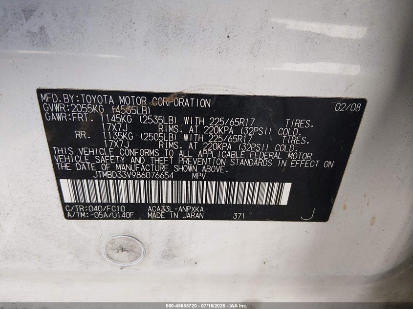 2008 Toyota Rav4 VIN JTMBD33V986076654 IAAI salvage auction — NORMAL WEAR, Clear (Colorado), sold $675 on 2026-07-27 (photo 9)