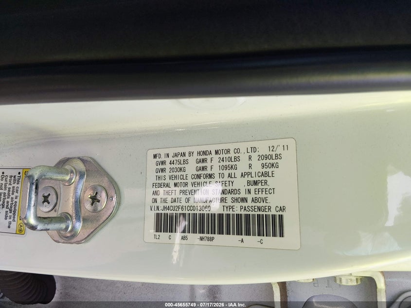 2012 Acura Tsx VIN JH4CU2F61CC013060 IAAI salvage auction — FRONT END, Salvage Certificate (California), sold $1,975 on 2026-07-31 (photo 9)
