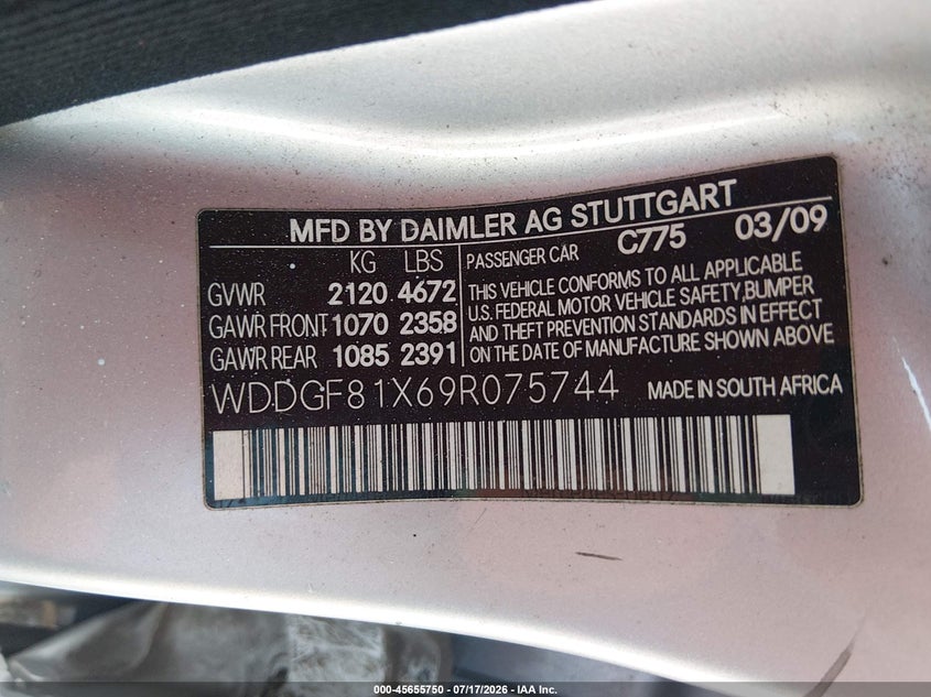 2009 Mercedes-benz C class VIN WDDGF81X69R075744 IAAI salvage auction — NORMAL WEAR, Clear (Alabama), sold $250 on 2026-08-06 (photo 9)