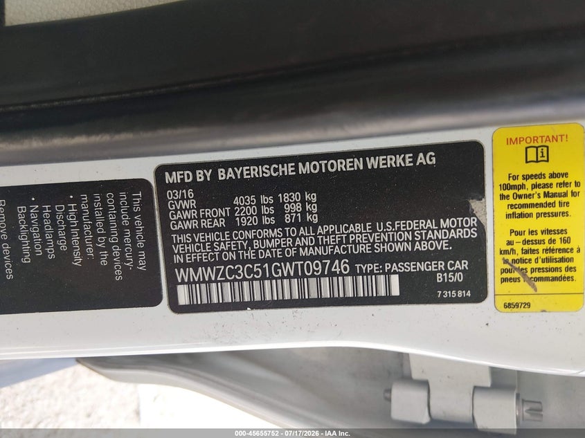 2016 Mini Countryman VIN WMWZC3C51GWT09746 IAAI salvage auction — RIGHT FRONT, Salvage (Louisiana), sold $800 on 2026-08-04 (photo 9)