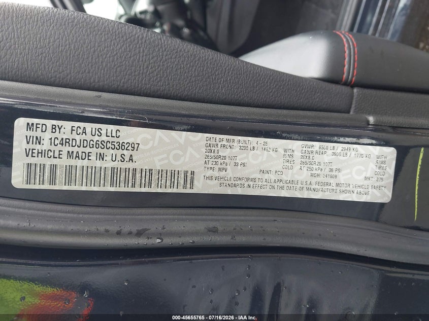 2025 Dodge Durango VIN 1C4RDJDG6SC536297 IAAI salvage auction — REAR END, Salvage Title, sold $15,800 on 2026-07-19 (photo 9)