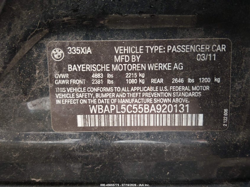 2011 BMW 3 series VIN WBAPL5C55BA920131 IAAI salvage auction — NORMAL WEAR, Clear (New Jersey), sold $650 on 2026-07-23 (photo 9)