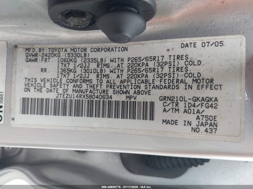 2005 Toyota 4runner VIN JTEZU14RX58040634 IAAI salvage auction — REAR END, Original (Texas), sold $25 on 2026-07-22 (photo 9)