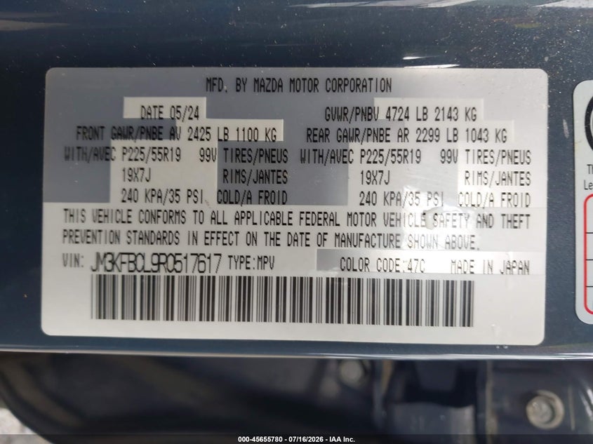 2024 Mazda Cx-5 VIN JM3KFBCL9R0517617 IAAI salvage auction — BIOHAZARD/CHEMICAL, Salvage Title, sold $6,200 on 2026-07-22 (photo 9)