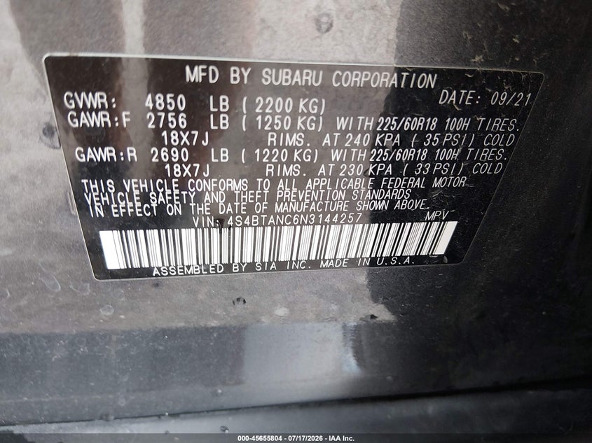 2022 Subaru Outback VIN 4S4BTANC6N3144257 IAAI salvage auction — HAIL, Salvage Title, sold $13,050 on 2026-08-21 (photo 9)