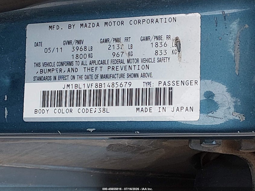 2011 Mazda 3 VIN JM1BL1VF8B1485679 IAAI salvage auction — NORMAL WEAR, Original (Texas), sold $250 on 2026-07-28 (photo 9)