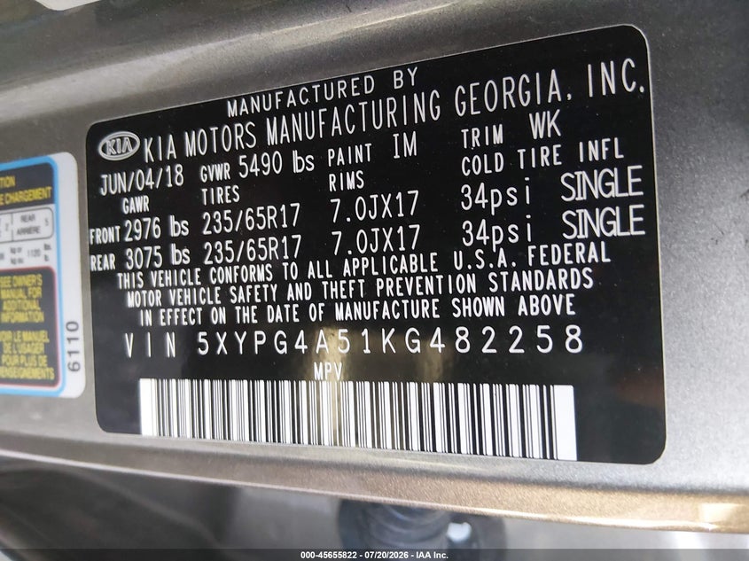 2019 Kia Sorento VIN 5XYPG4A51KG482258 IAAI salvage auction — NORMAL WEAR, Clear (Georgia), sold $1,050 on 2026-07-29 (photo 9)