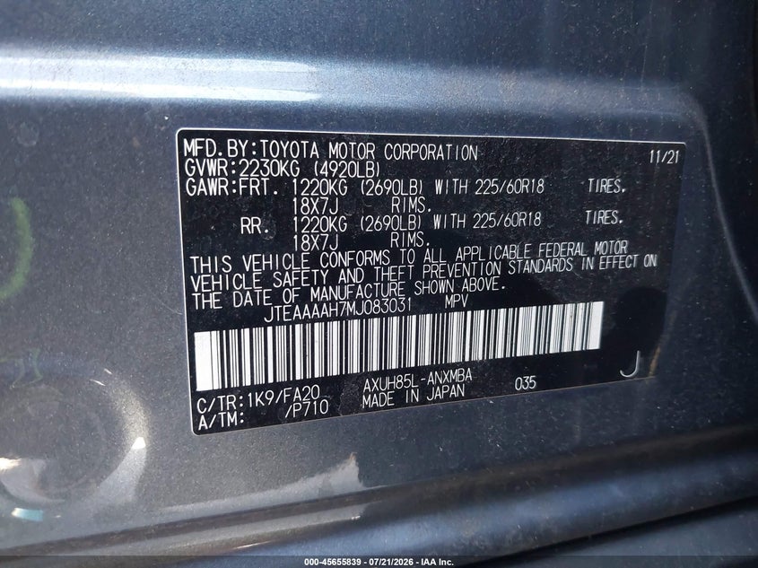 2021 Toyota Venza VIN JTEAAAAH7MJ083031 IAAI salvage auction — REAR END, Salvage Title, sold $9,400 on 2026-07-31 (photo 9)