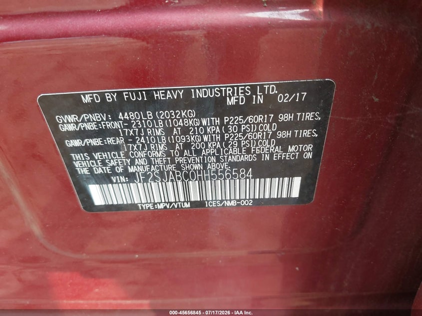 2017 Subaru Forester VIN JF2SJABC0HH556584 IAAI salvage auction — NORMAL WEAR, Clear (Maryland), sold $1,325 on 2026-07-29 (photo 9)