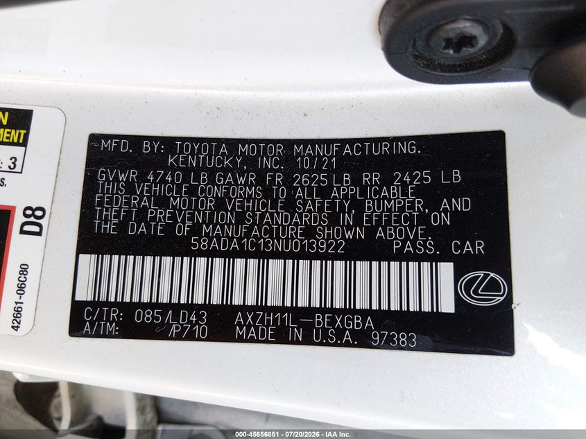2022 Lexus ES VIN 58ADA1C13NU013922 IAAI salvage auction — FRONT & REAR, Salvage Title, sold $12,700 on 2026-08-25 (photo 9)