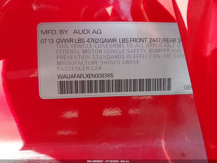 2014 Audi A4 VIN WAUAFAFLXEN008365 IAAI salvage auction — NORMAL WEAR, Clear - Dealer Only (California), sold $100 on 2026-07-23 (photo 9)