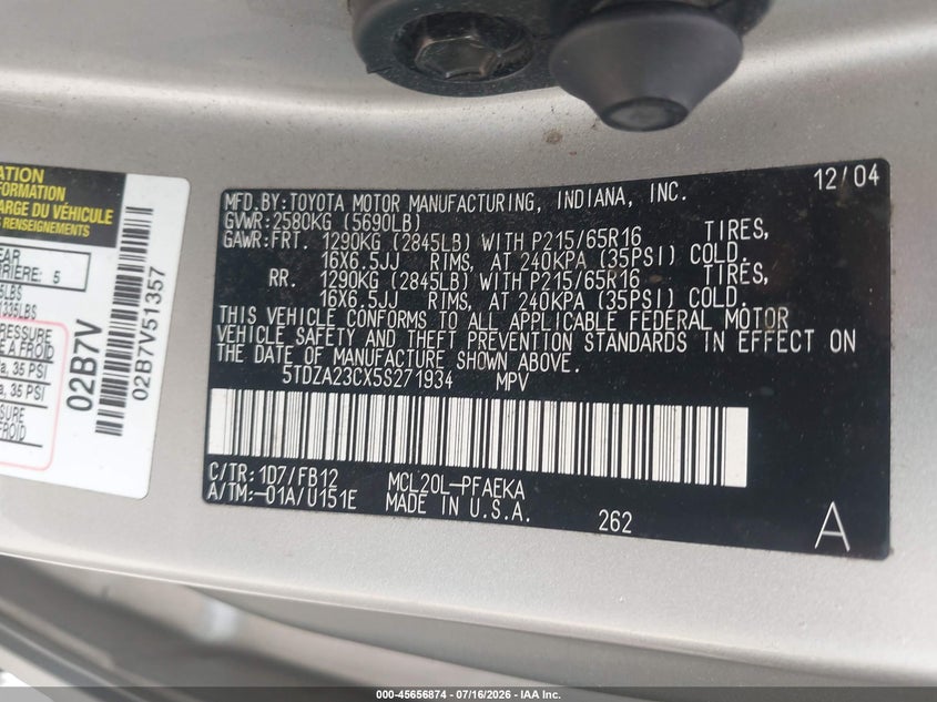 2005 Toyota Sienna VIN 5TDZA23CX5S271934 IAAI salvage auction — NORMAL WEAR, Clear (Pennsylvania), sold $25 on 2026-07-24 (photo 9)