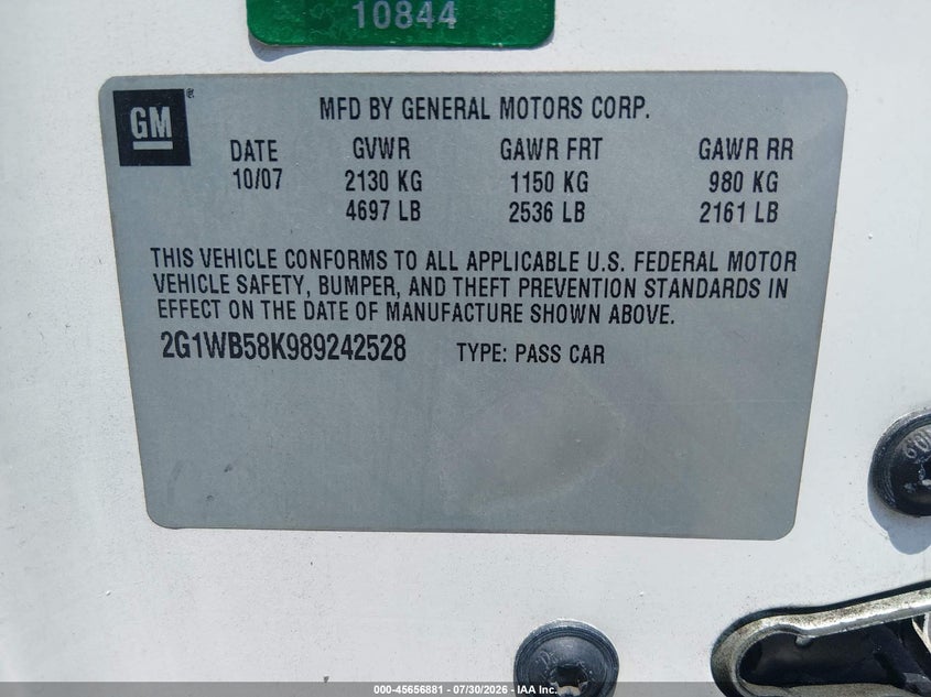 2008 Chevrolet Impala VIN 2G1WB58K989242528 IAAI salvage auction — NORMAL WEAR, Repossession Paperwork (Georgia), sold $350 on 2026-08-19 (photo 9)