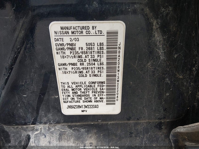 2003 Nissan Murano VIN JN8AZ08W13W222040 IAAI salvage auction — NORMAL WEAR, Clear (Missouri), sold $125 on 2026-07-27 (photo 9)