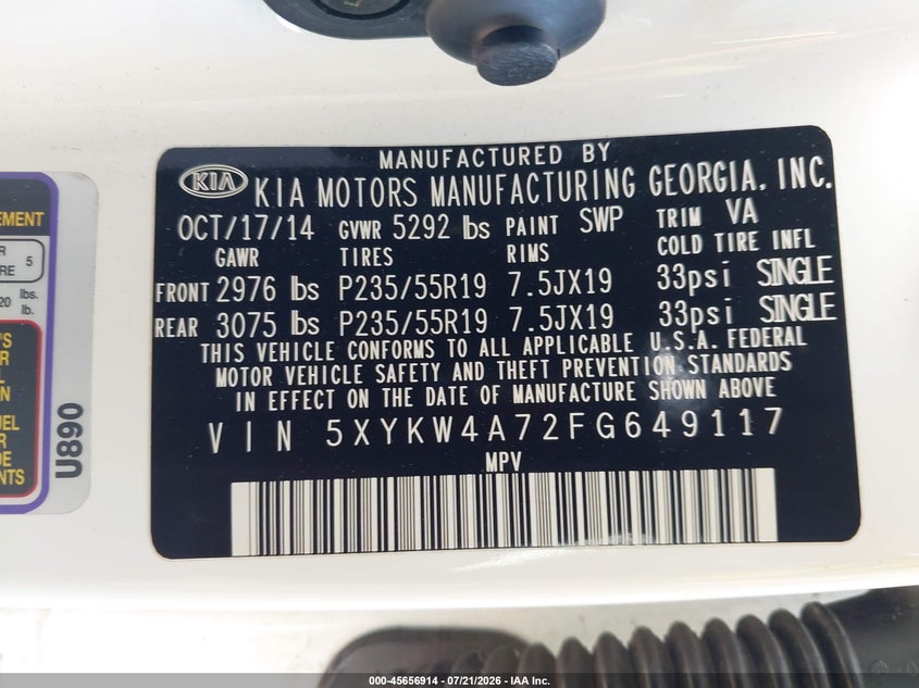 2015 Kia Sorento VIN 5XYKW4A72FG649117 IAAI salvage auction — NORMAL WEAR, Clear - Dealer Only (California), sold $1,300 on 2026-07-29 (photo 9)