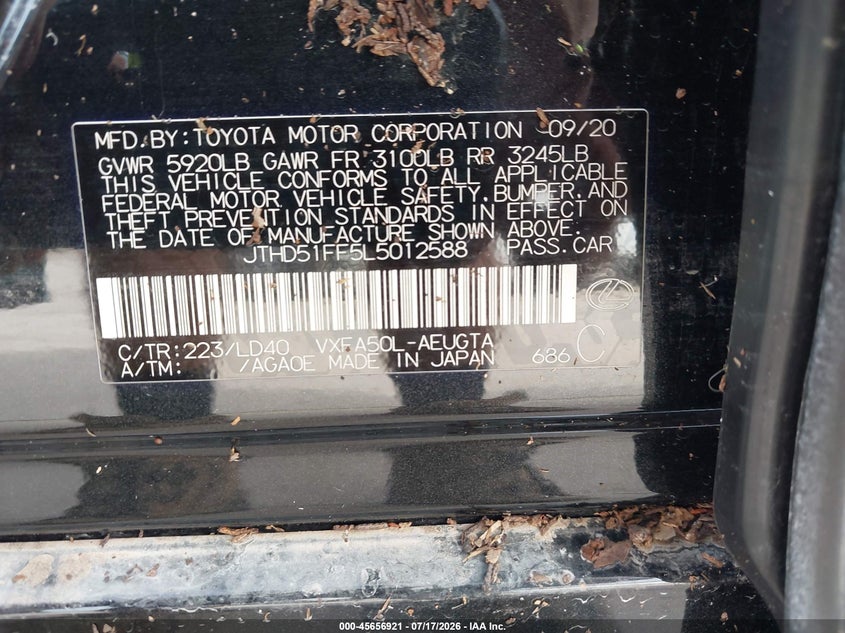 2020 Lexus Ls VIN JTHD51FF5L5012588 IAAI salvage auction — WATER/FLOOD, Salvage Title, sold $13,400 on 2026-08-24 (photo 9)