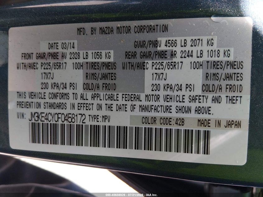 2015 Mazda Cx-5 VIN JM3KE4CY0F0458172 IAAI salvage auction — SIDE, Salvage Title, sold $2,250 on 2026-08-02 (photo 9)