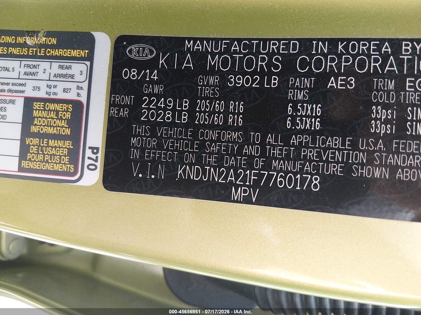 2015 Kia Soul VIN KNDJN2A21F7760178 IAAI salvage auction — SIDE, Salvage (North Carolina), sold $1,450 on 2026-07-31 (photo 9)