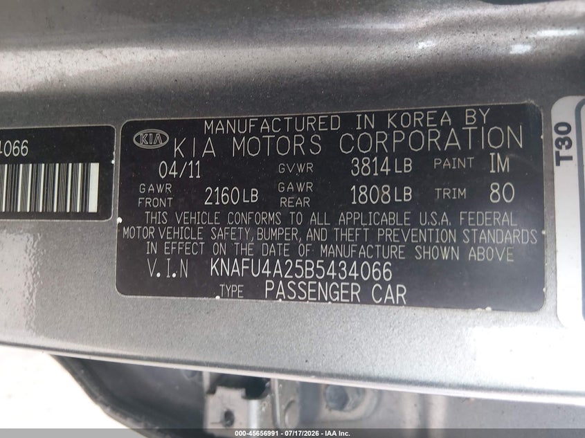 2011 Kia Forte VIN KNAFU4A25B5434066 IAAI salvage auction — NORMAL WEAR, Clear (Florida), sold $400 on 2026-07-28 (photo 9)