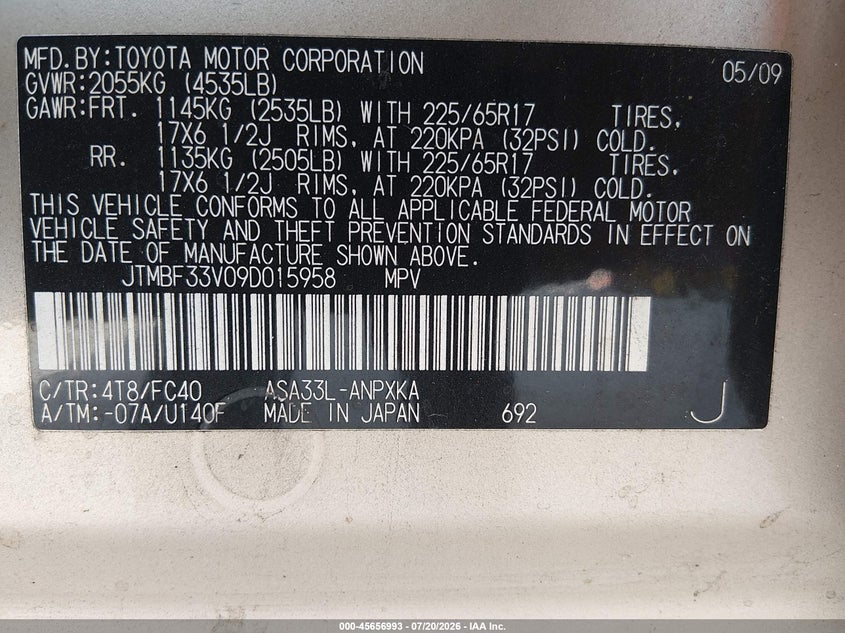 2009 Toyota Rav4 VIN JTMBF33V09D015958 IAAI salvage auction — NORMAL WEAR, Clear (Florida), sold $1,600 on 2026-07-28 (photo 9)