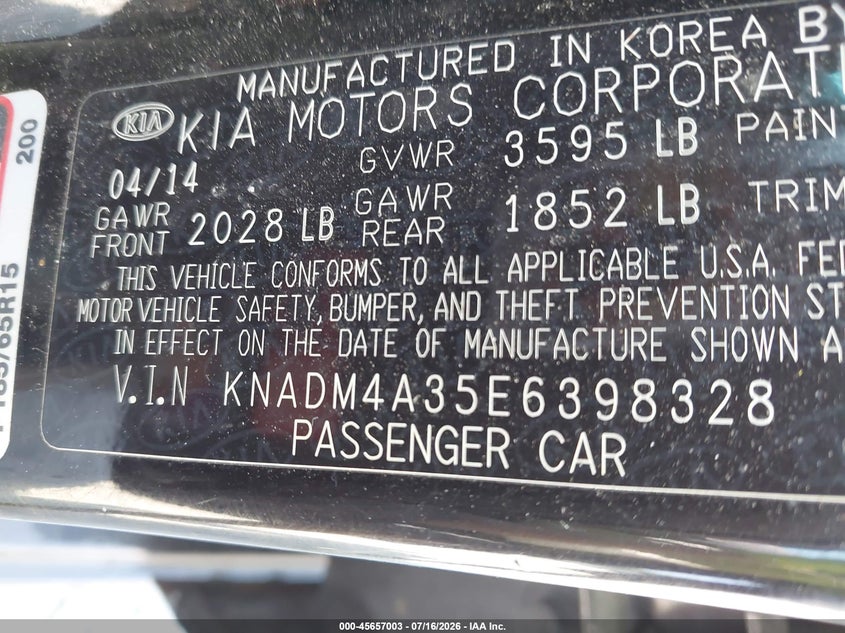 2014 Kia Rio VIN KNADM4A35E6398328 IAAI salvage auction — NORMAL WEAR, Clear (New York), sold $600 on 2026-07-28 (photo 9)